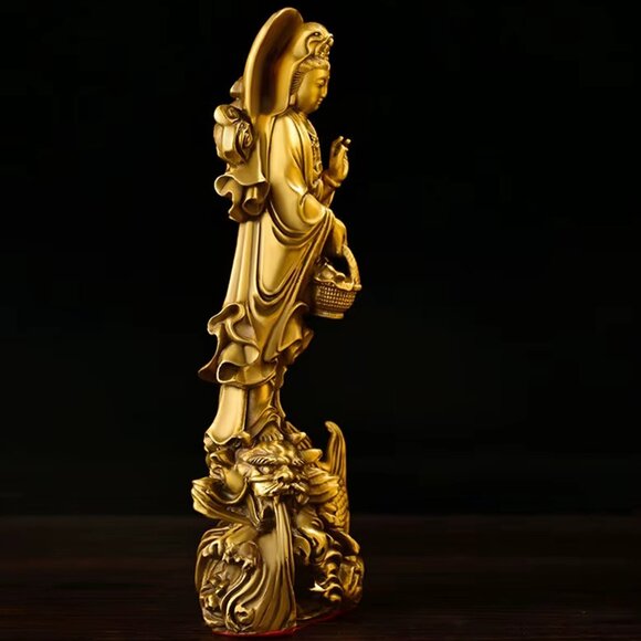 GUAN-YIN Riding a Dragon Fish BUDDHA STATUE Copper 9in Golden Metal Boddhisattva - Picture 4 of 10